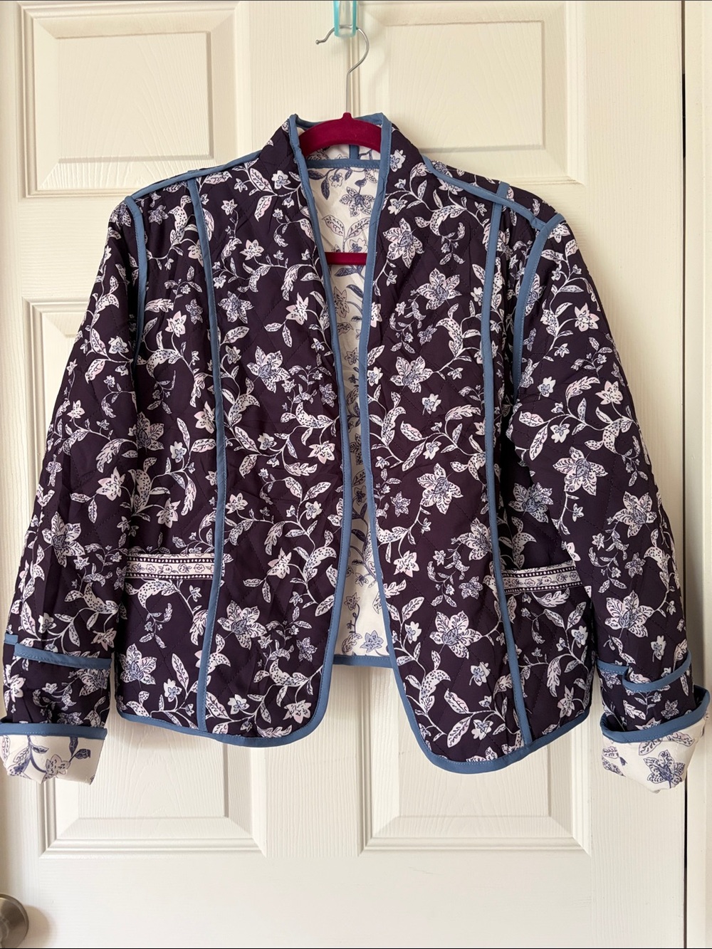 Quilted Floral Jacket in Deep Purple, Cream with Blue Trim-M-8-10. NWOT!